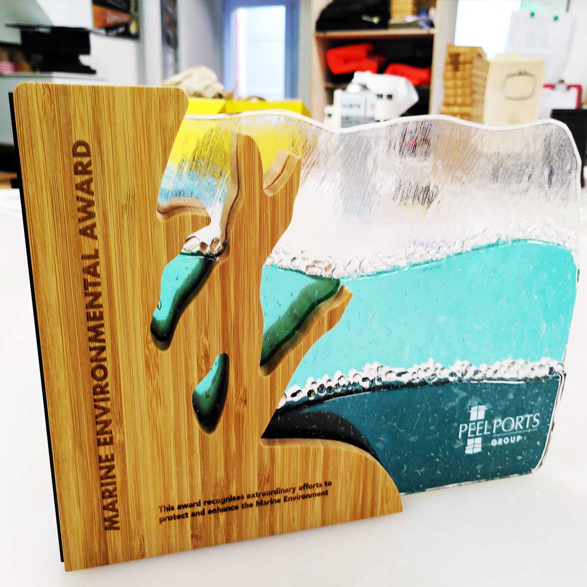 Marine Environmental award for peel prts group made from glass and bamboo