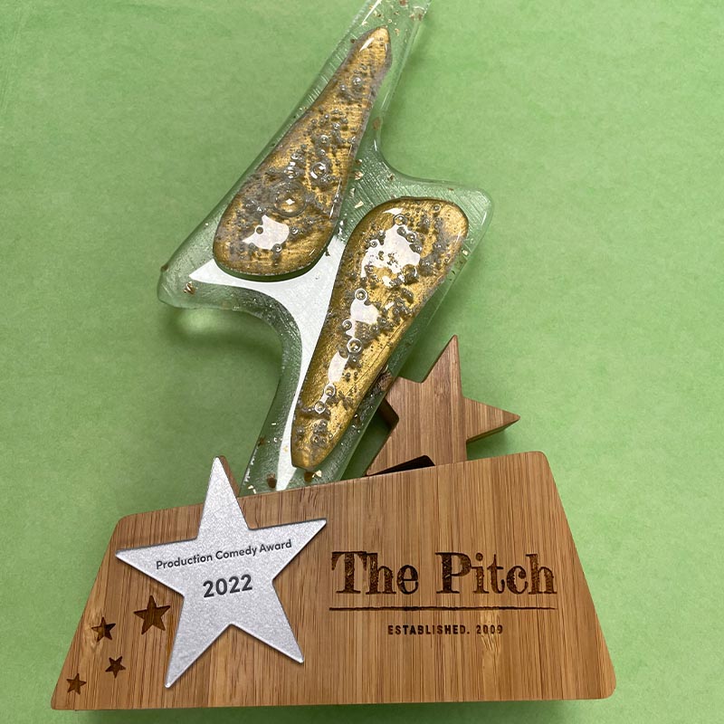 Recycled glass awards produced with bamboo base